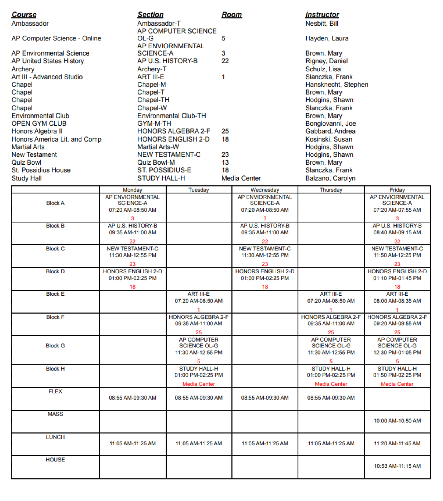 Sample Schedule 2 Austin Catholic