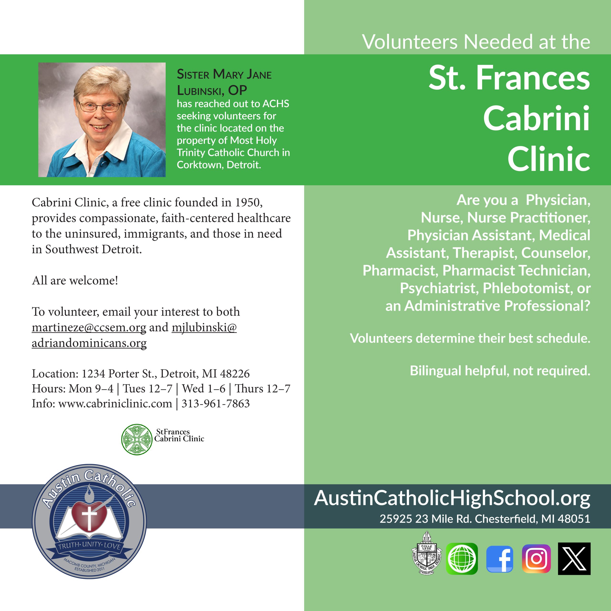 St. Frances Cabrini Clinic Detroit Michigan seeks professional volunteers 