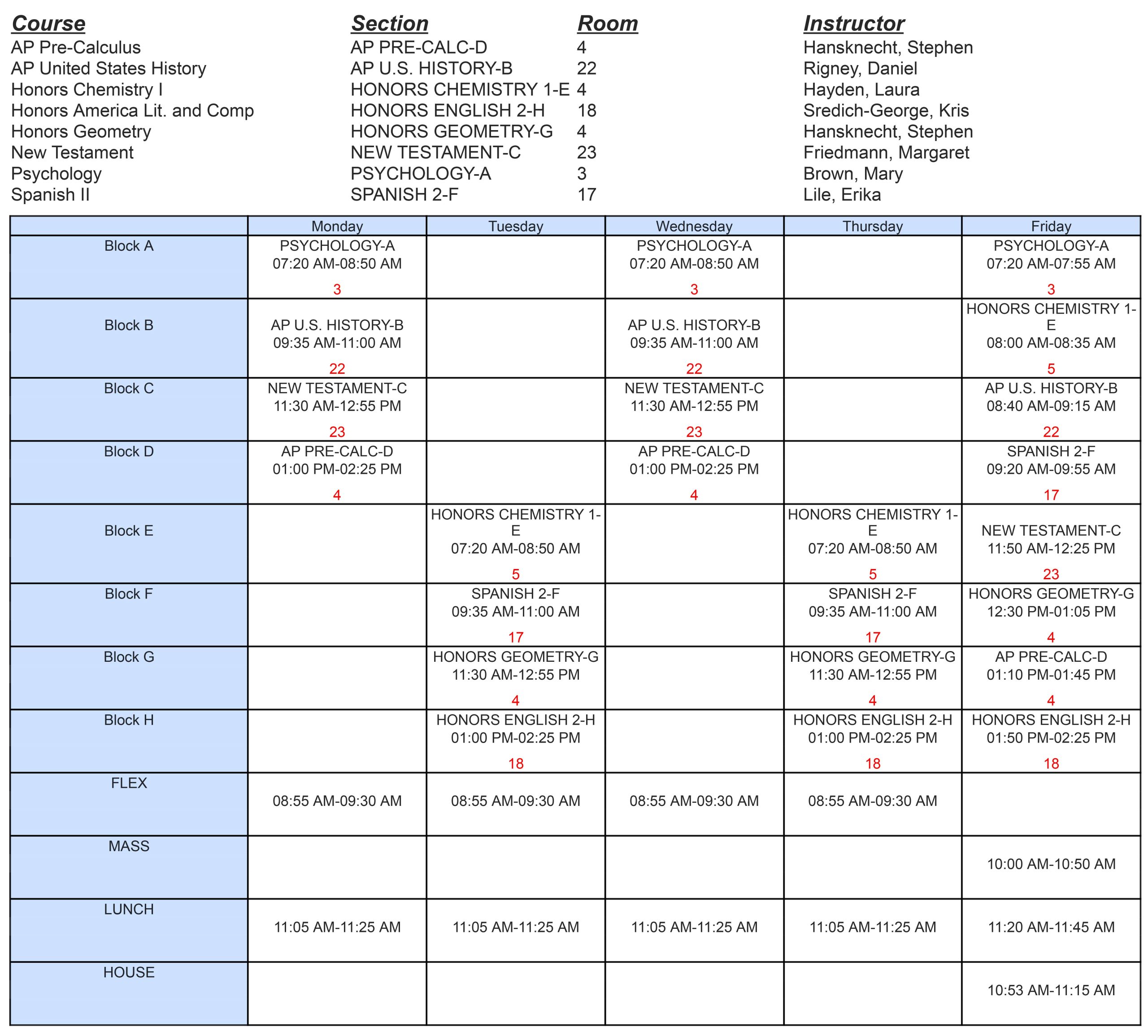 Austin Catholic High School sample schedule 2026-2027