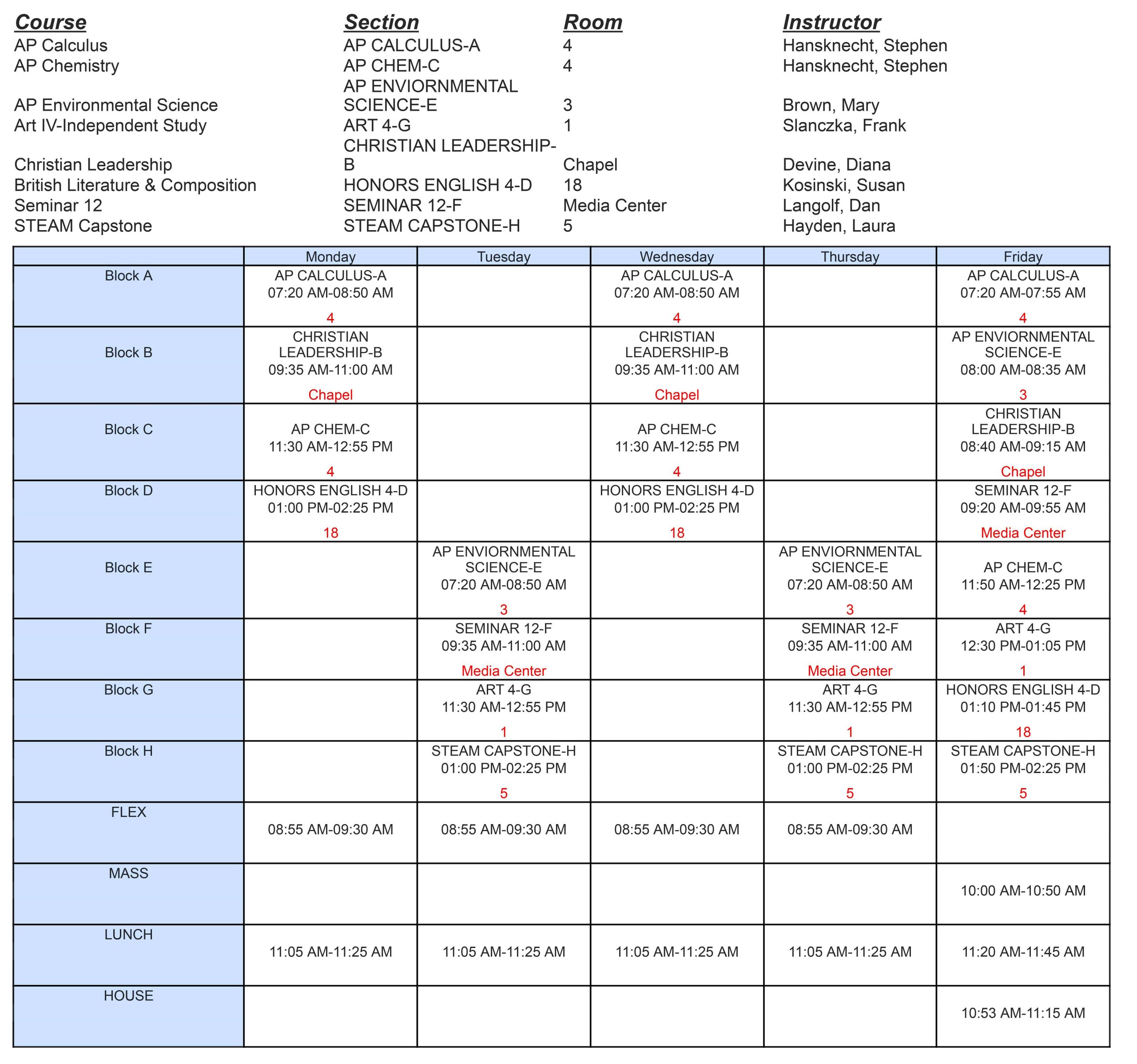 Austin Catholic High School sample schedule 2026-2027